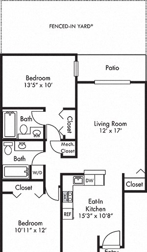 The Pinebrook with Fenced-in Yard 3D Pinebrook 2 bedroom floorplan with fenced-in yard. eat-in kitchen with bartop open to living. 2 full baths. patio.
